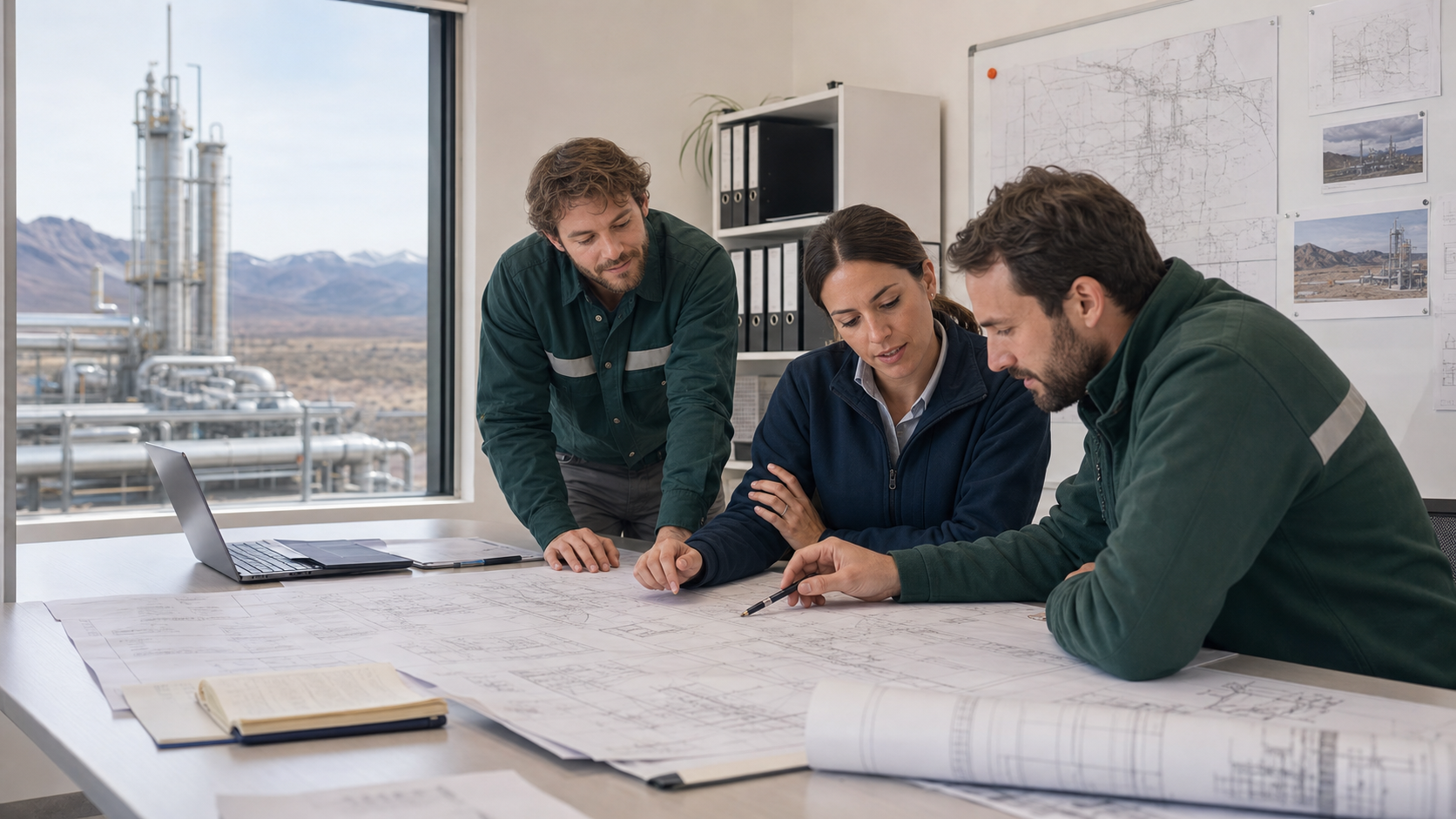 Equipo multidisciplinario coordinando documentación de ingeniería
